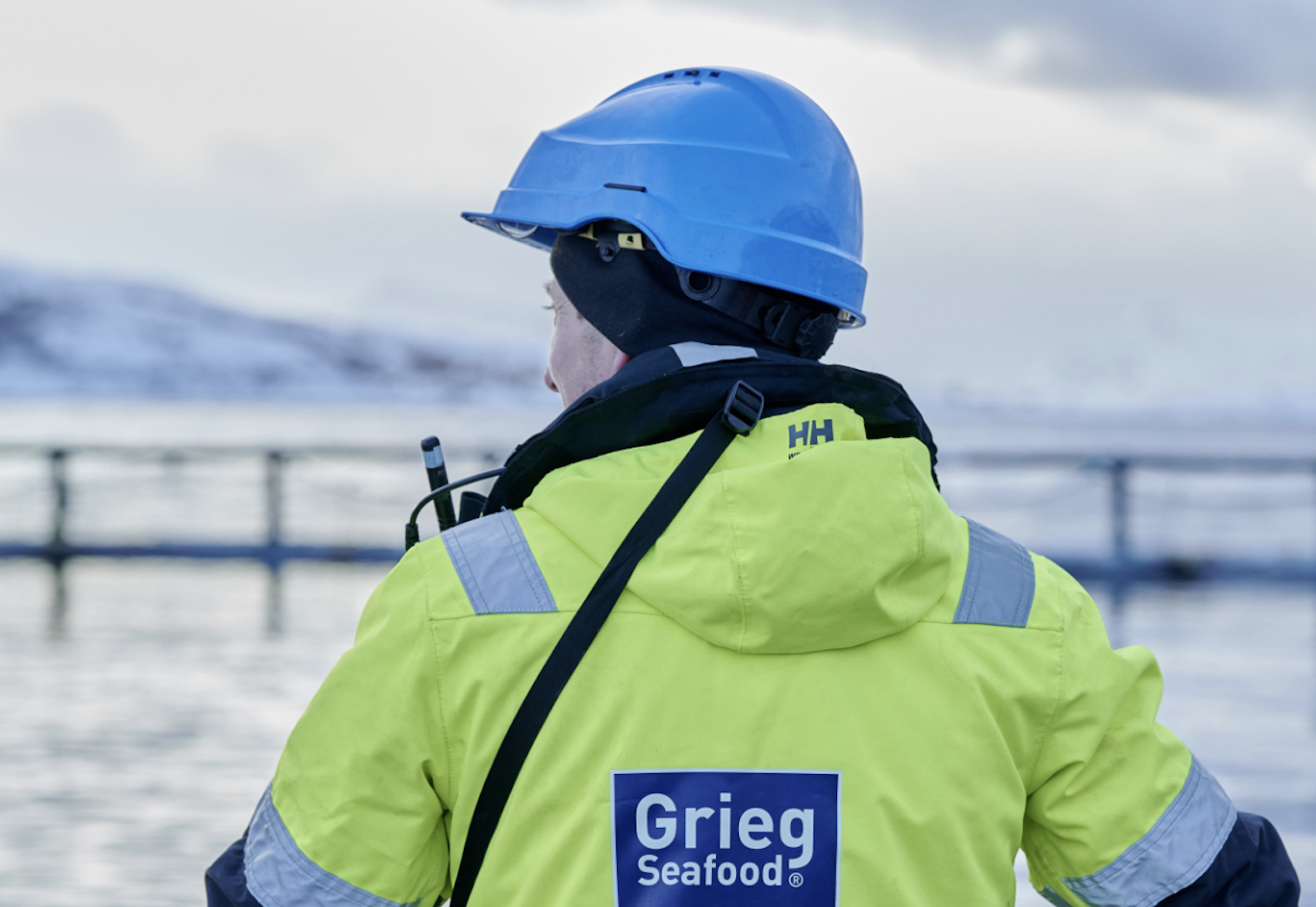 Bilde av en arbeider med Grieg Seafood sin logo på arbeidstøyet